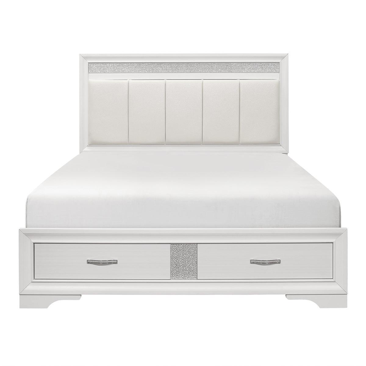 Luster white and silver faux leather king platform bed front view