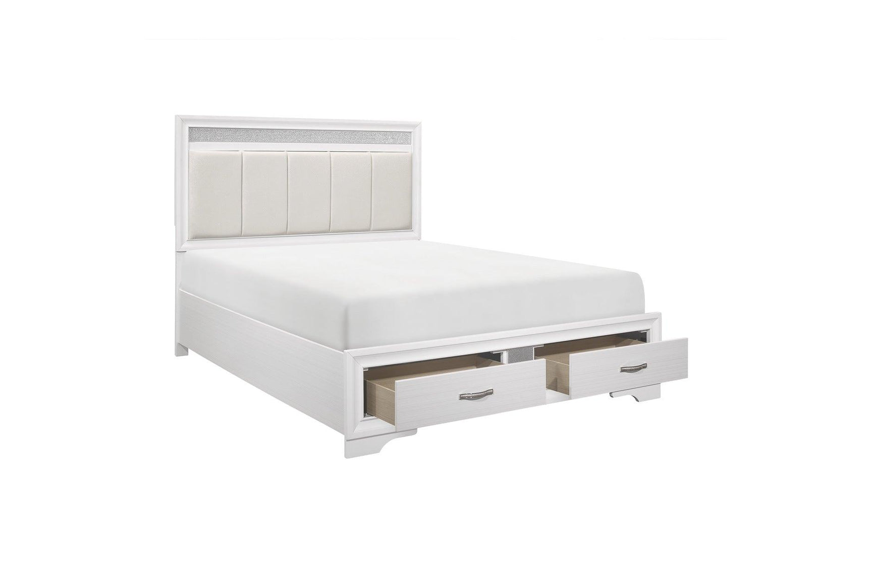 Open storage view of Luster White Faux Leather Storage Platform Bed