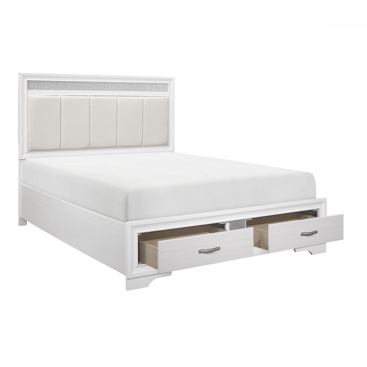 Open footboard drawers on Luster White Queen Bed