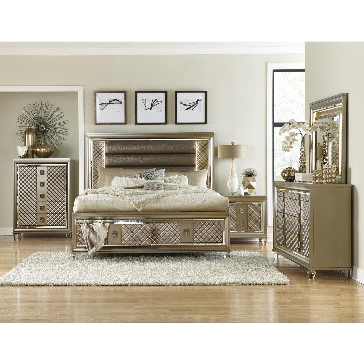Acrylic feet of Loudon Champagne King Storage Platform Bed