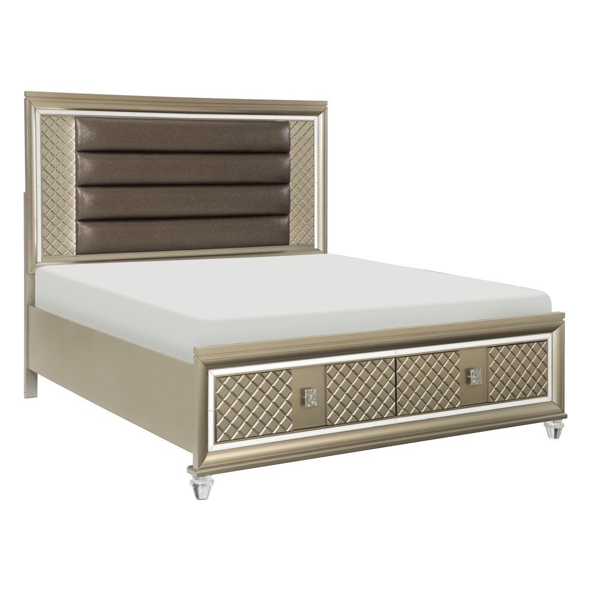 Loudon Champagne Faux Leather LED Storage Platform Queen Bed angled view