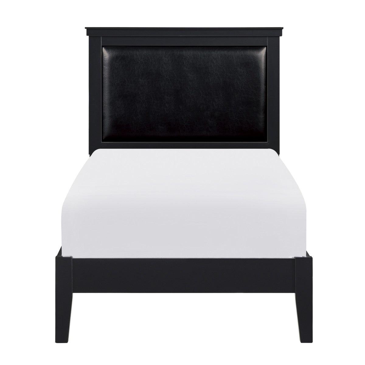 Seabright black faux leather upholstered twin youth bed front angle