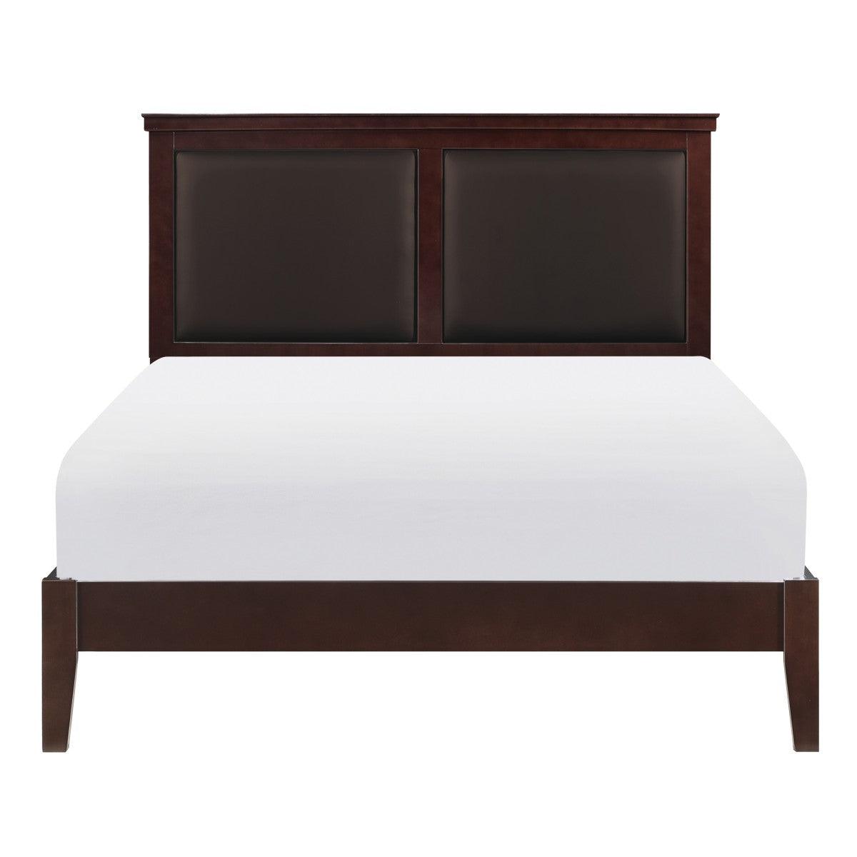 Front view of Seabright Youth Queen Bed with cherry finish and faux leather headboard