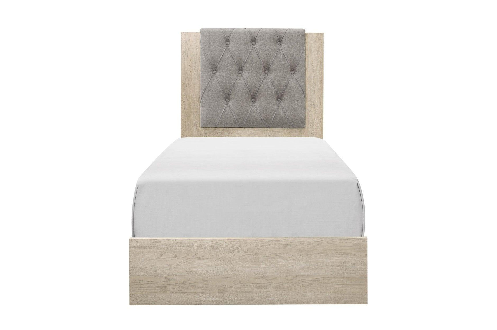 Whiting Linen Youth Panel Bedroom Set close-up of tufted linen headboard
