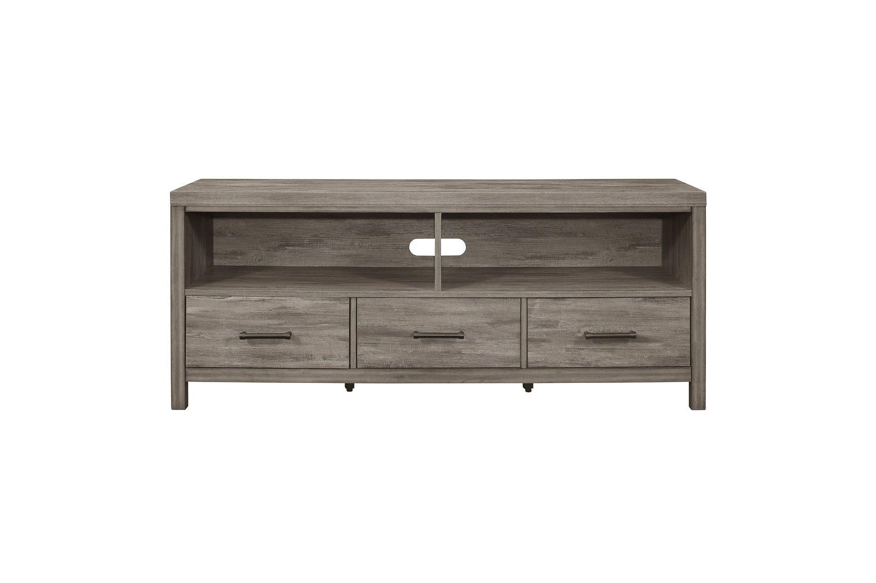 Side view of Bainbridge Gray Weathered Wood Storage TV Stand