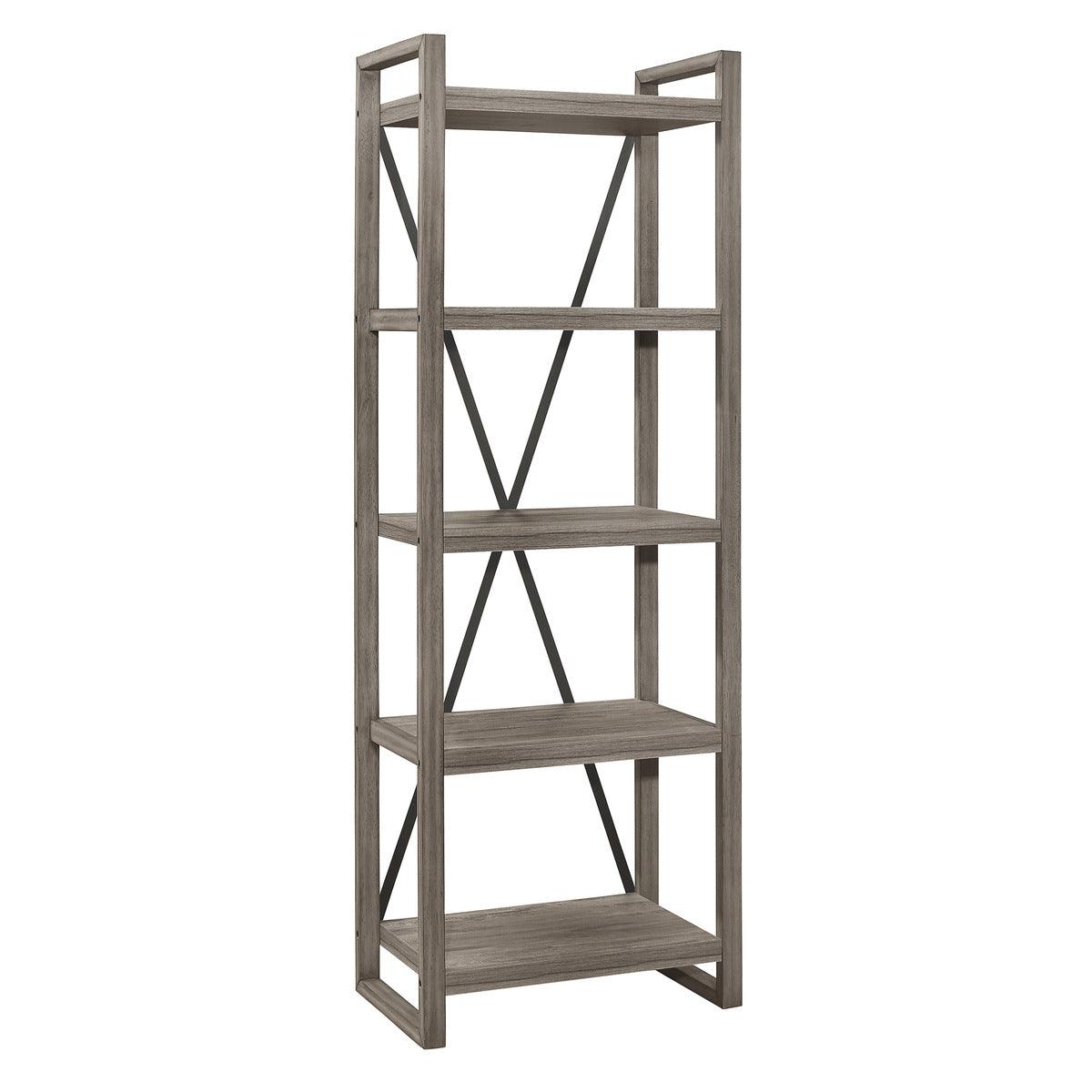 Side view of Bainbridge weathered gray rustic bookcase showing metal X-back supports