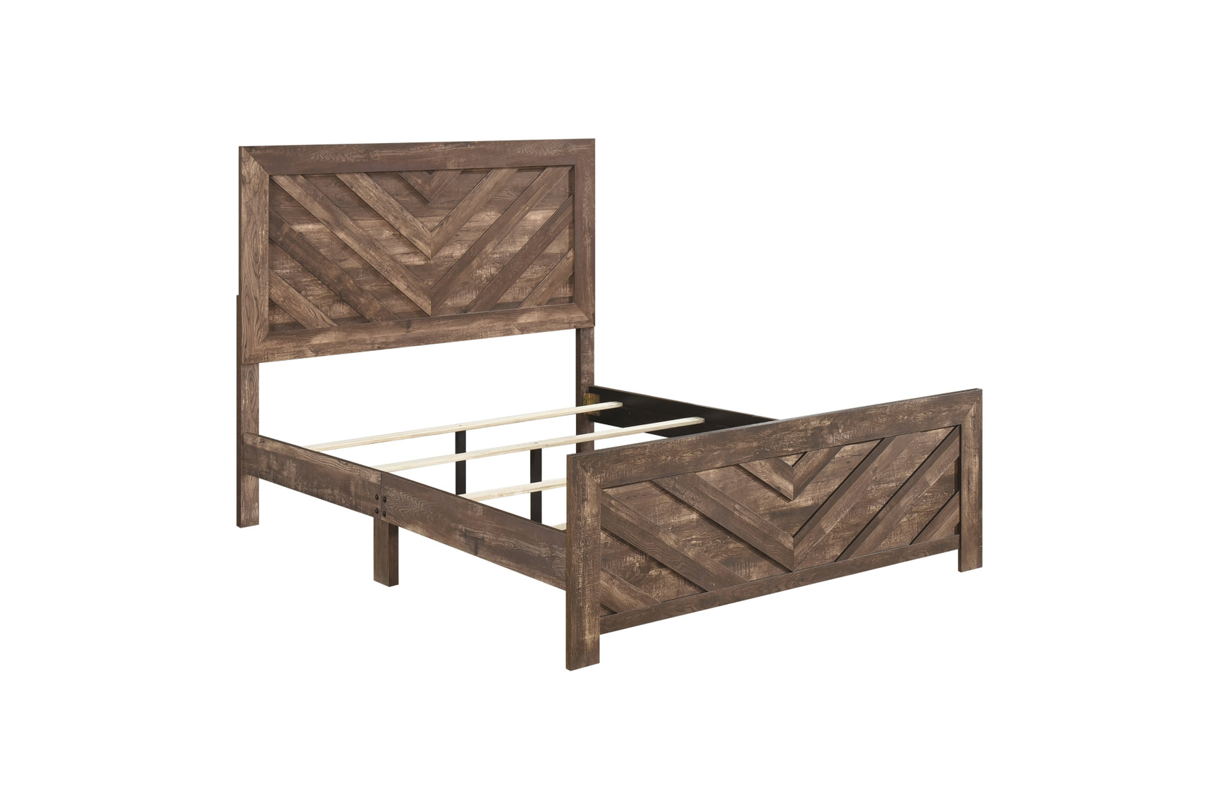 Front angle showing panel bed with rustic finish