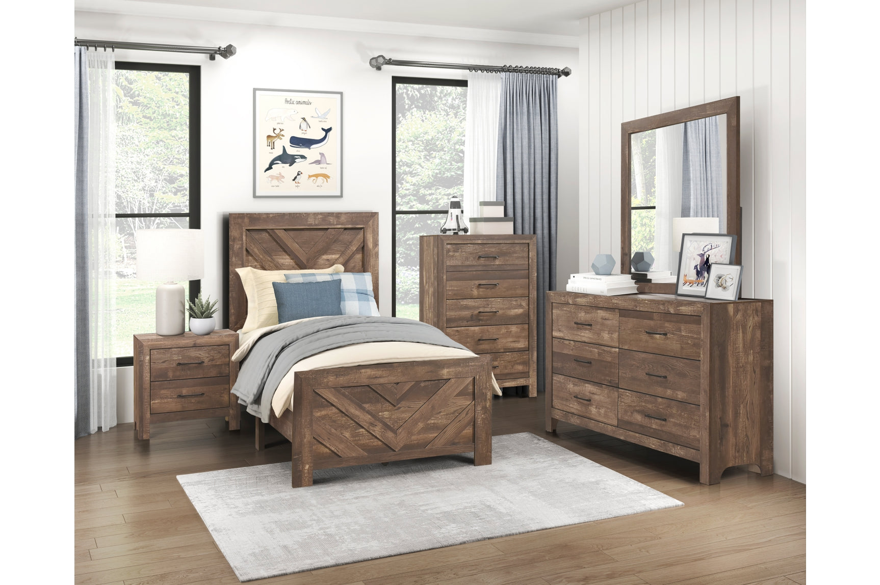 Bedroom view showing Corbin Rustic Brown Panel Bedroom Set bed