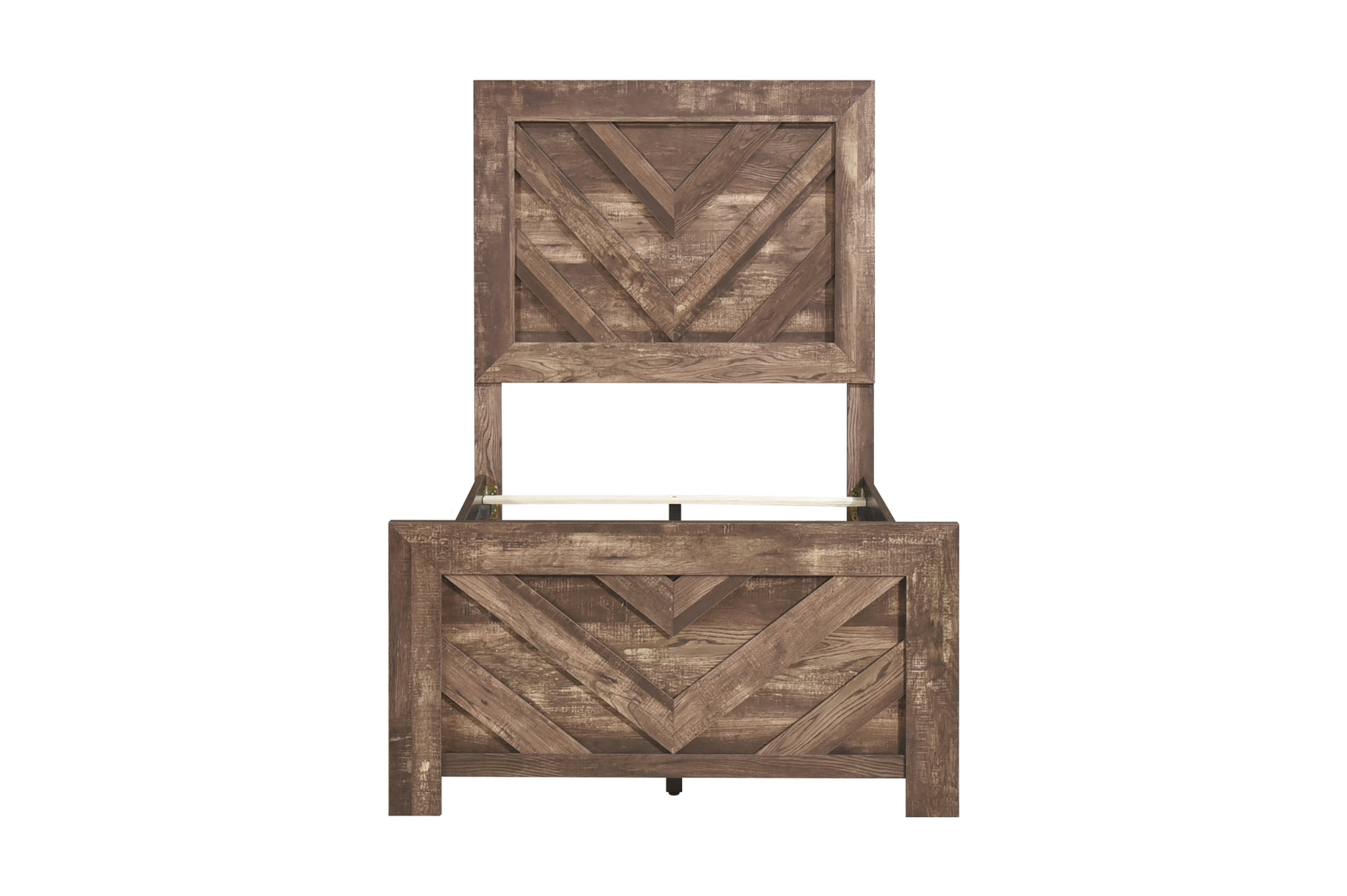 Side close-up of rustic brown panel bed