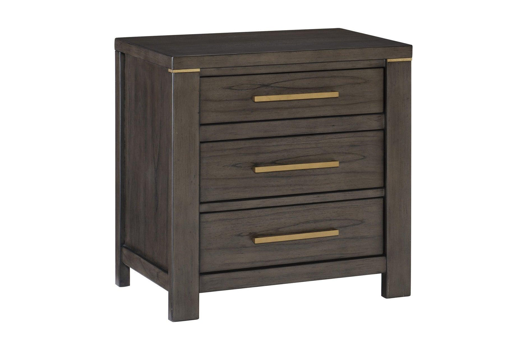 Angled view of dresser and mirror with panel bed