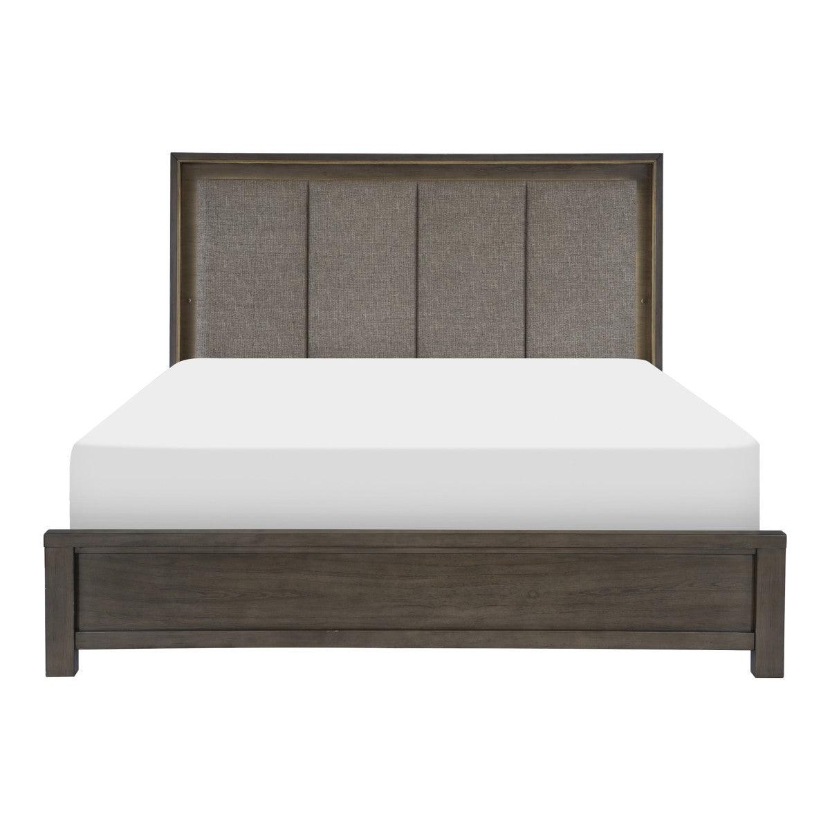 Scarlett Brownish Gray Fabric Upholstered LED Queen Panel Bed front angle