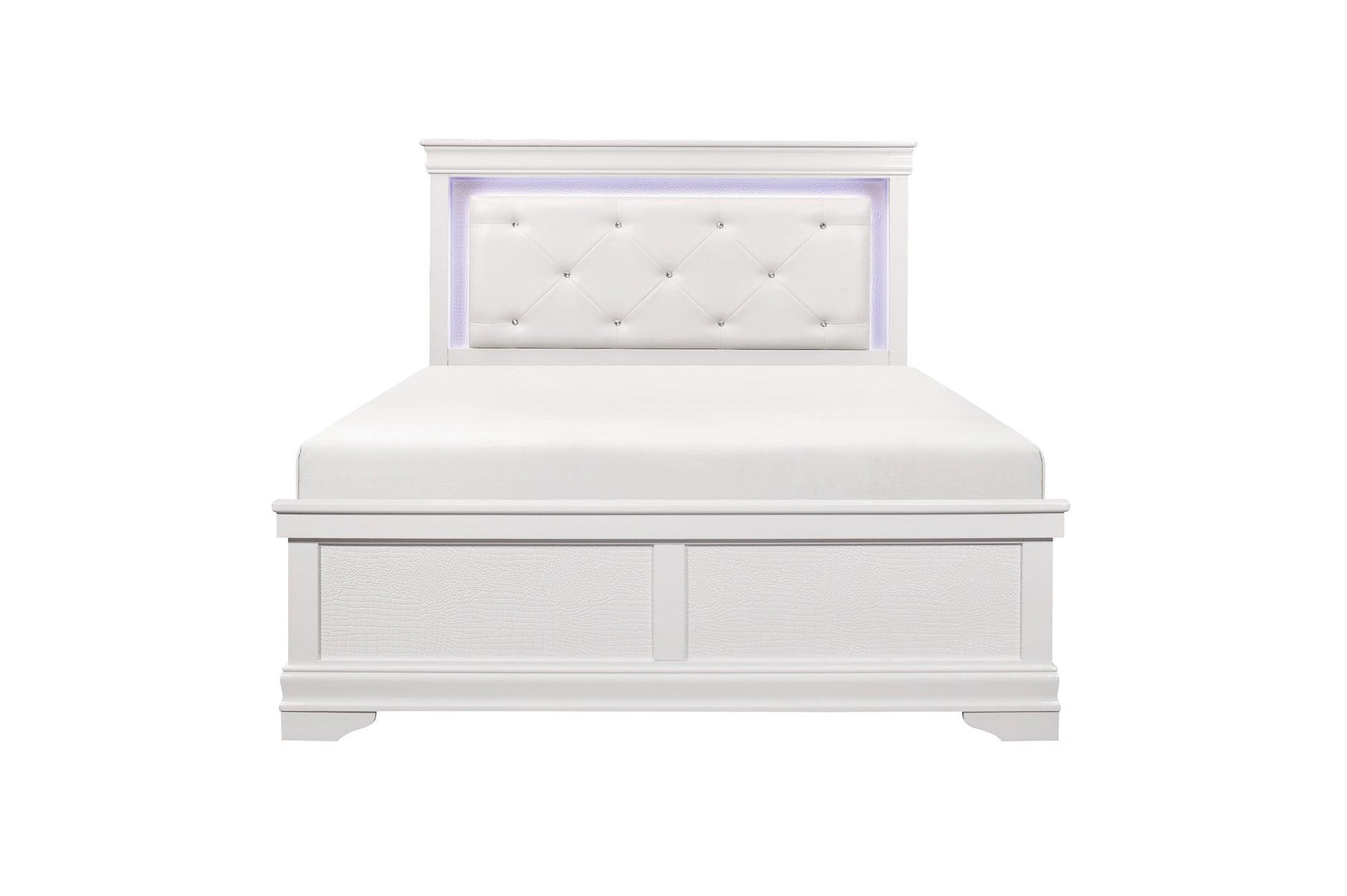 Side view of Lana White Faux Leather Tufted LED Panel Bedroom Set bed