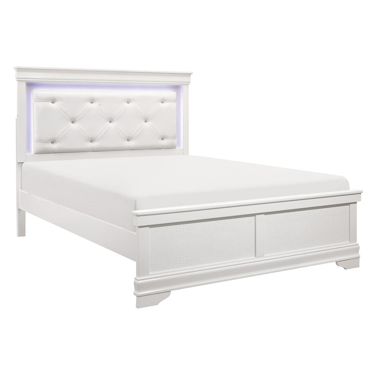 Corbin white tufted faux leather twin bed with LED lighting side view