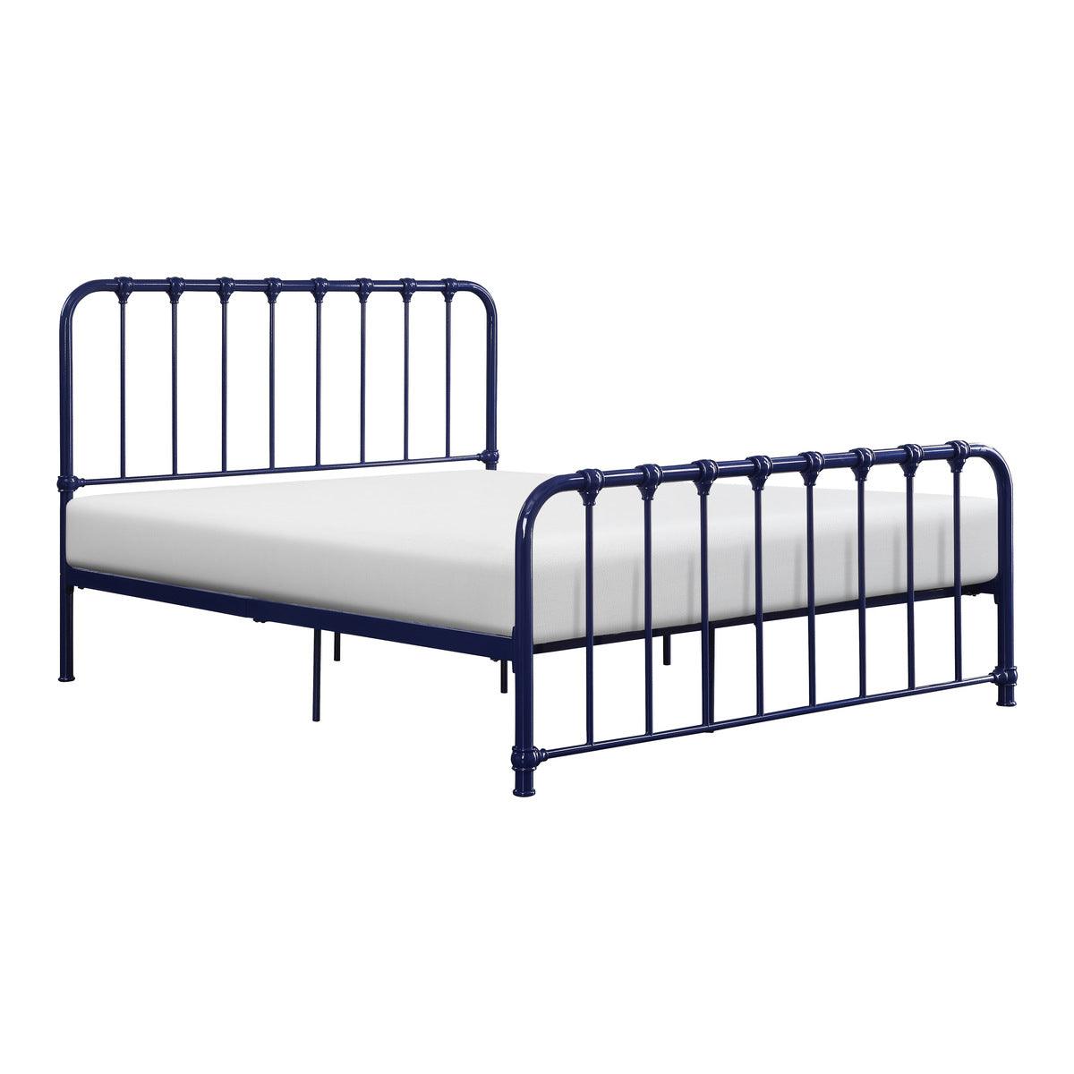 Side view of Bethany Blue full metal platform bed showing footboard