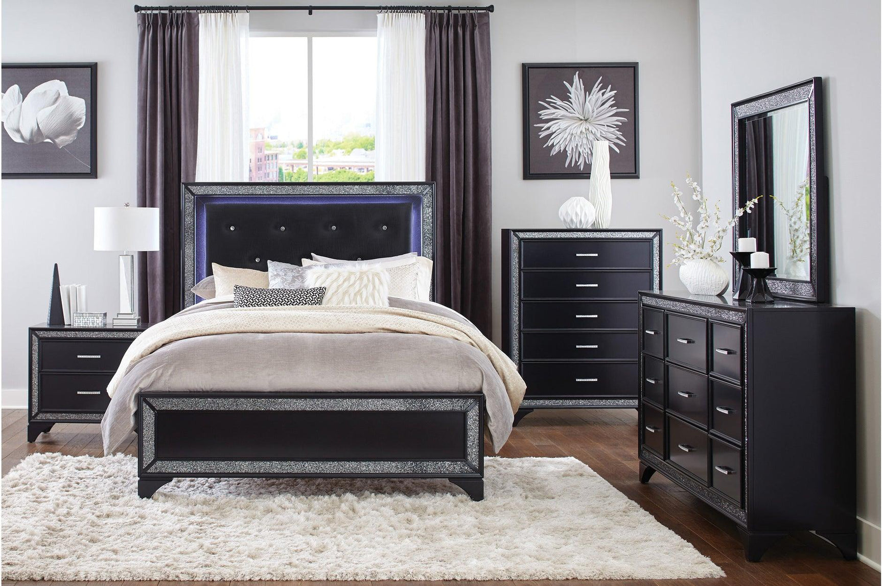 main view of Salon Black Faux Leather Tufted LED Panel Bedroom Set bed