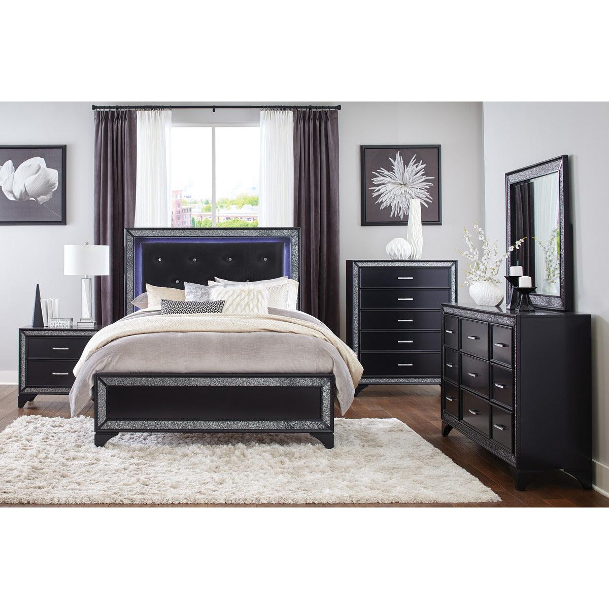Salon Black Glamour Wood And Engineered Wood Faux Leather Upholstered Tufted LED Queen Panel Bed - bedroom setting