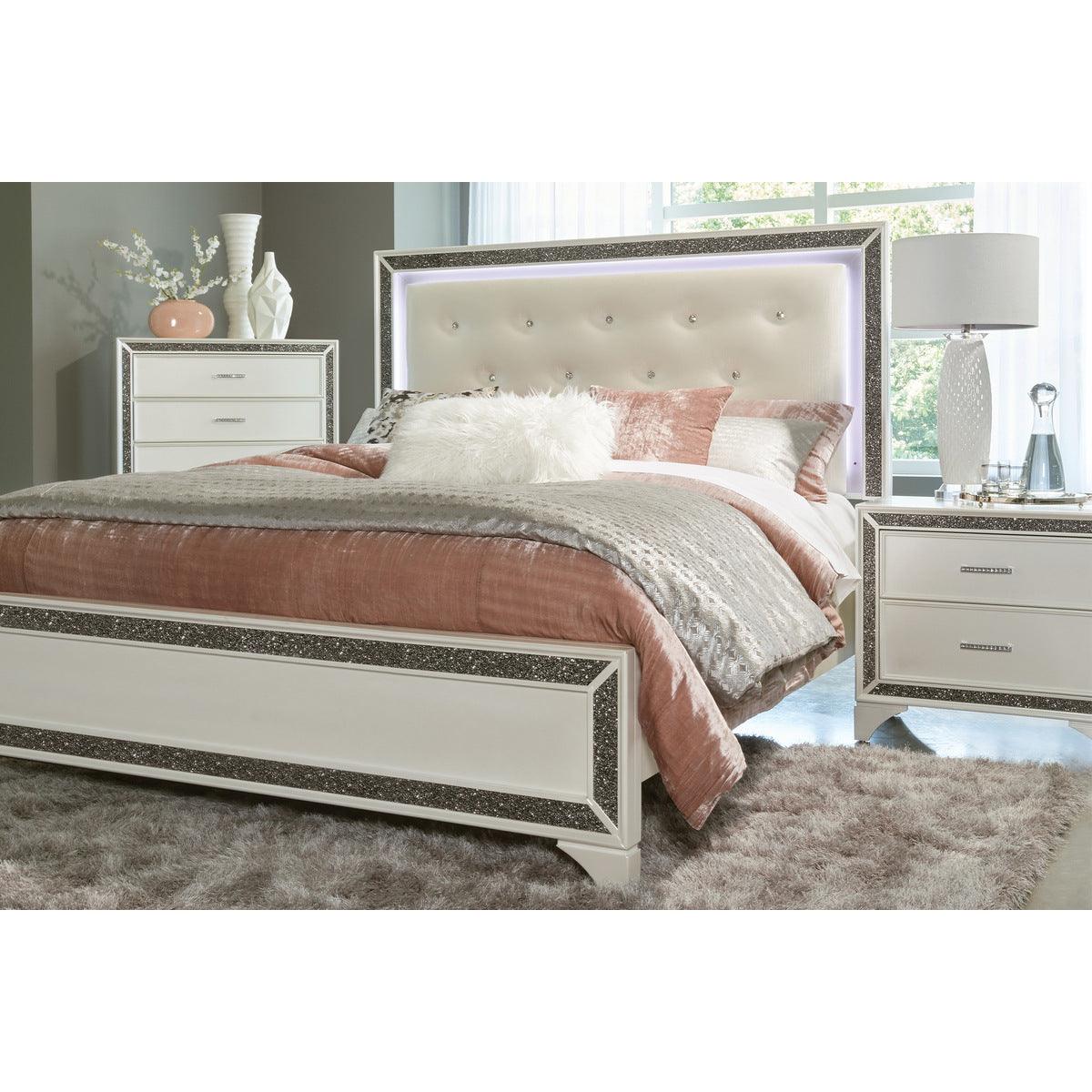 Salon queen bed setup showcasing LED lighting at night