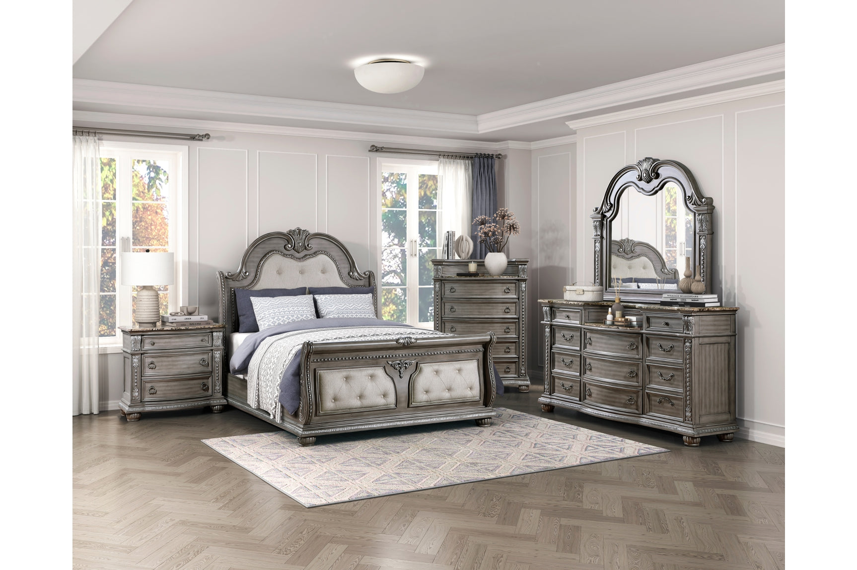 side view of tufted panel bed in gray upholstery