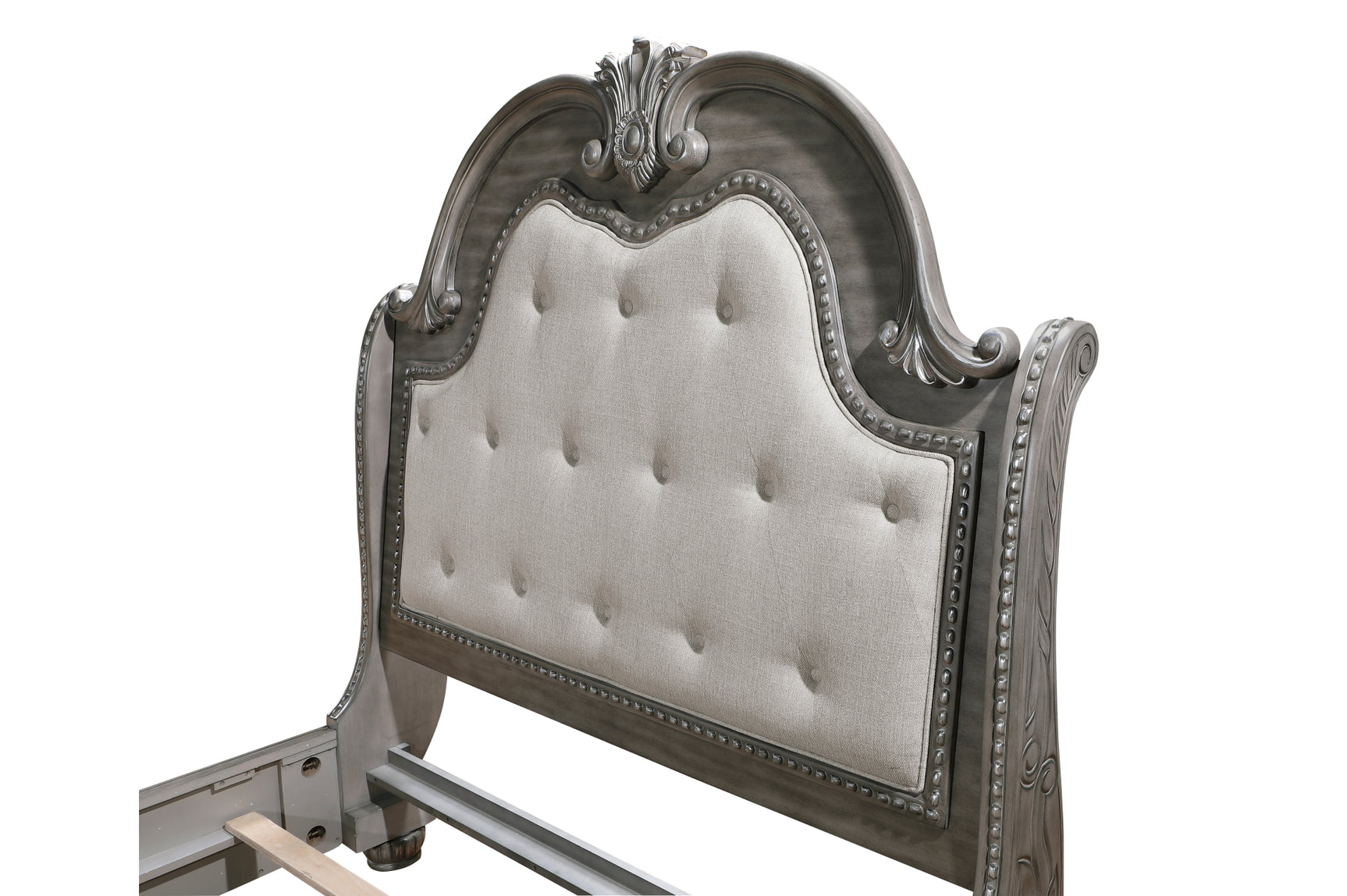 close side view of gray upholstered headboard