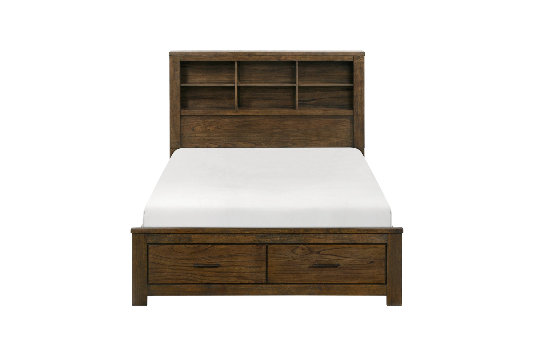 bedroom view showing platform bed and bookcase storage