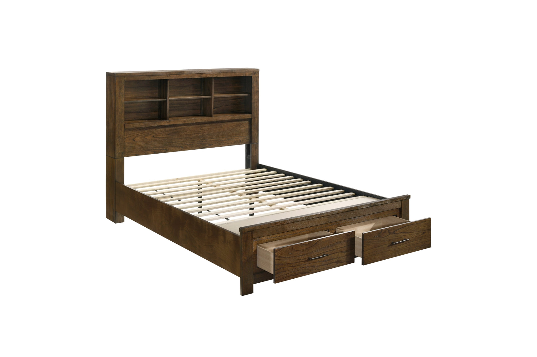 top-down view of bed with integrated shelving bookcase