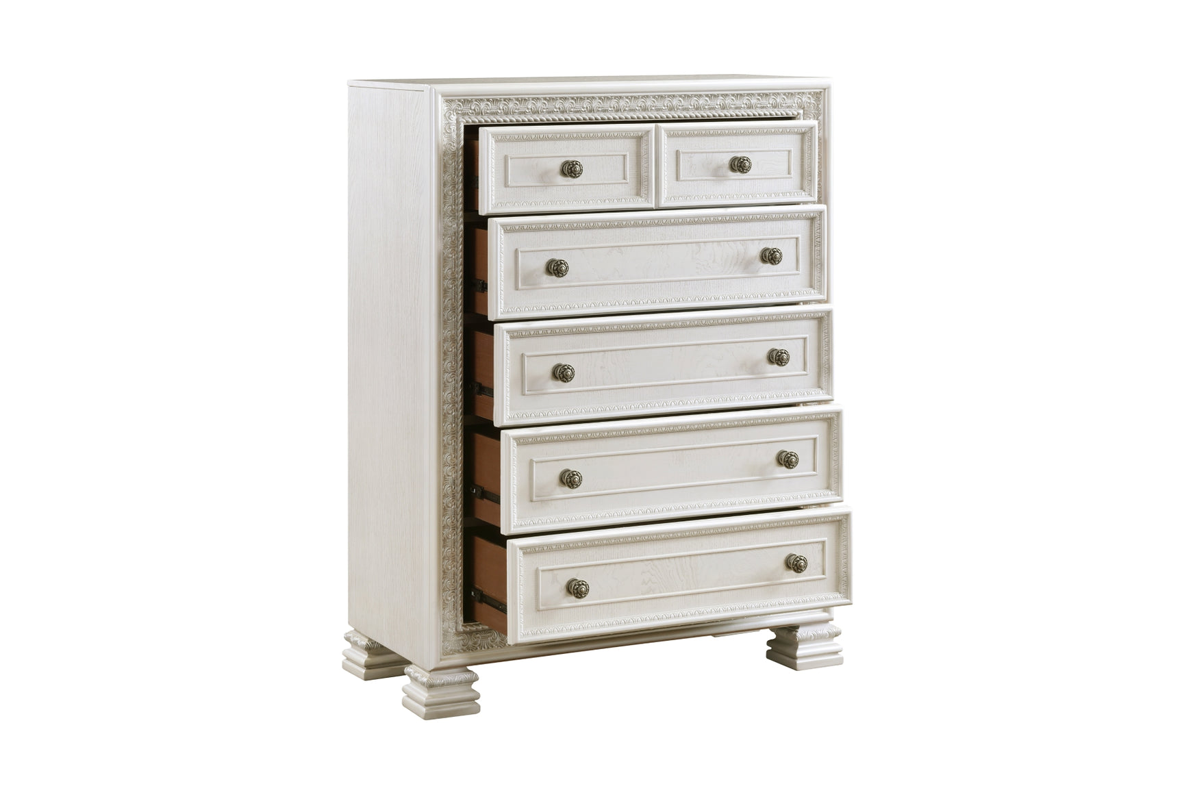 Theodora Pearl White Upholstered Tufted Panel Bedroom Set bed front view