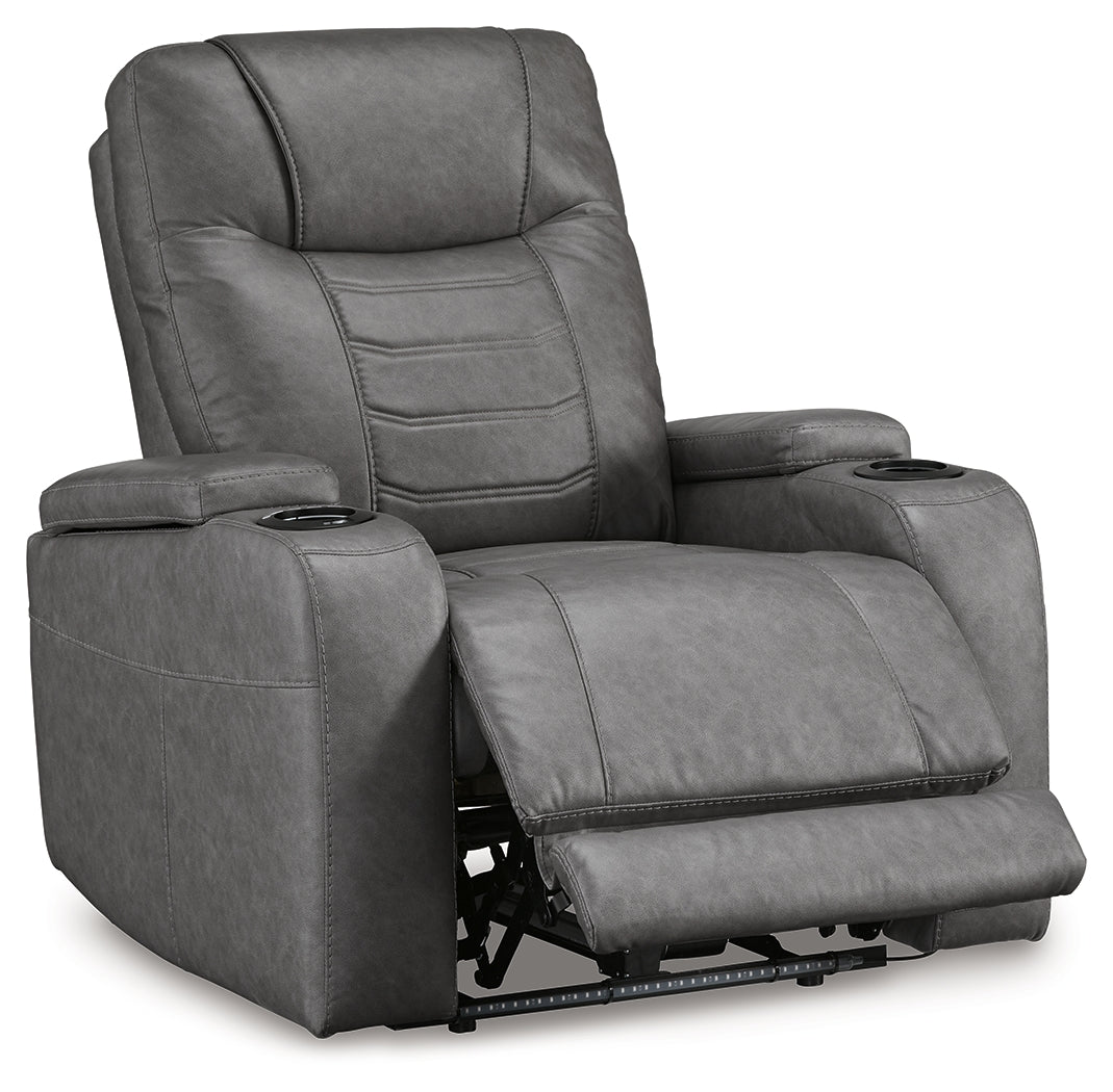 Reclining position of Schooner Rocks Slate Faux Leather Power Recliner