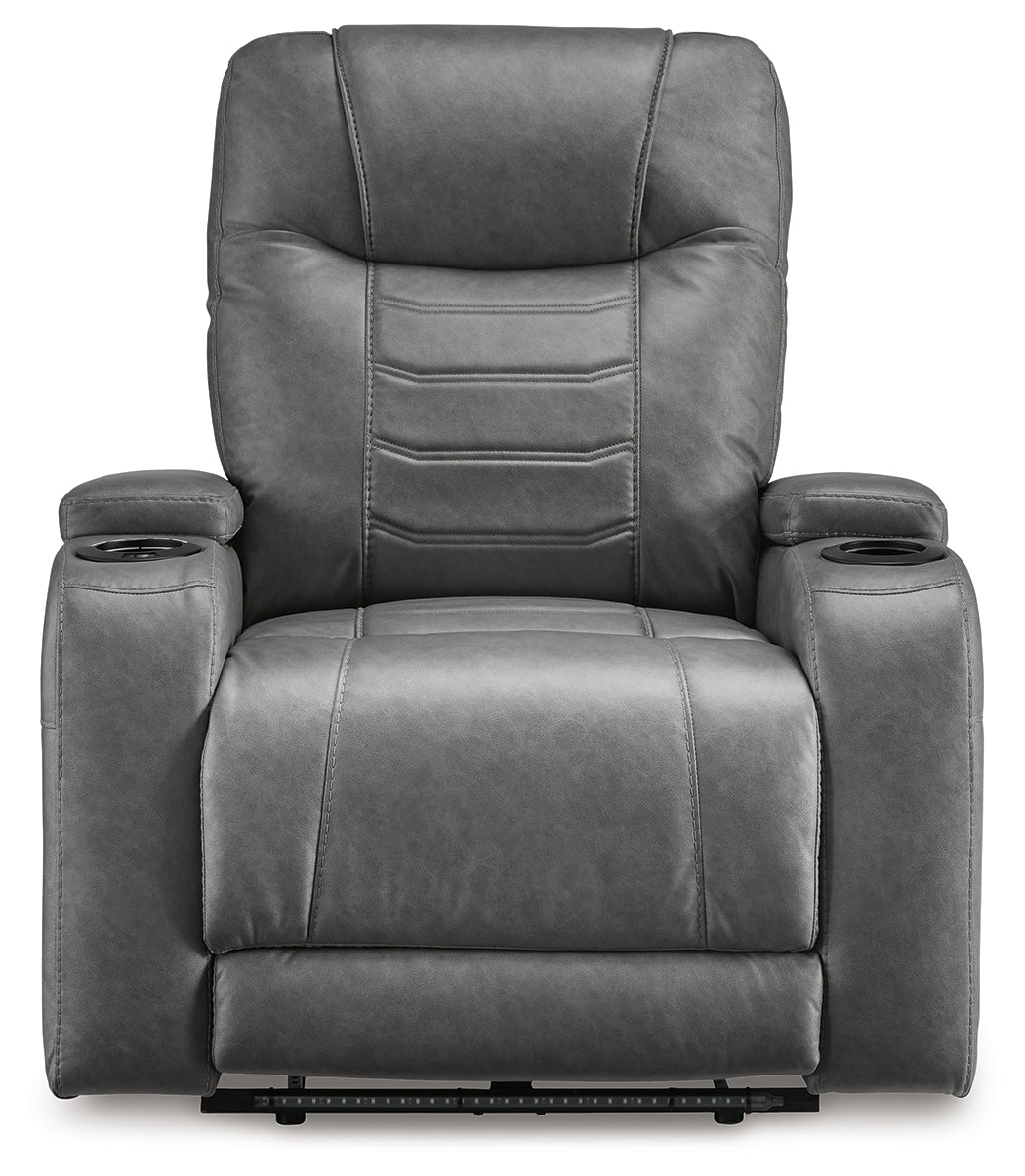 Front view of Schooner Rocks Slate Faux Leather Power Recliner