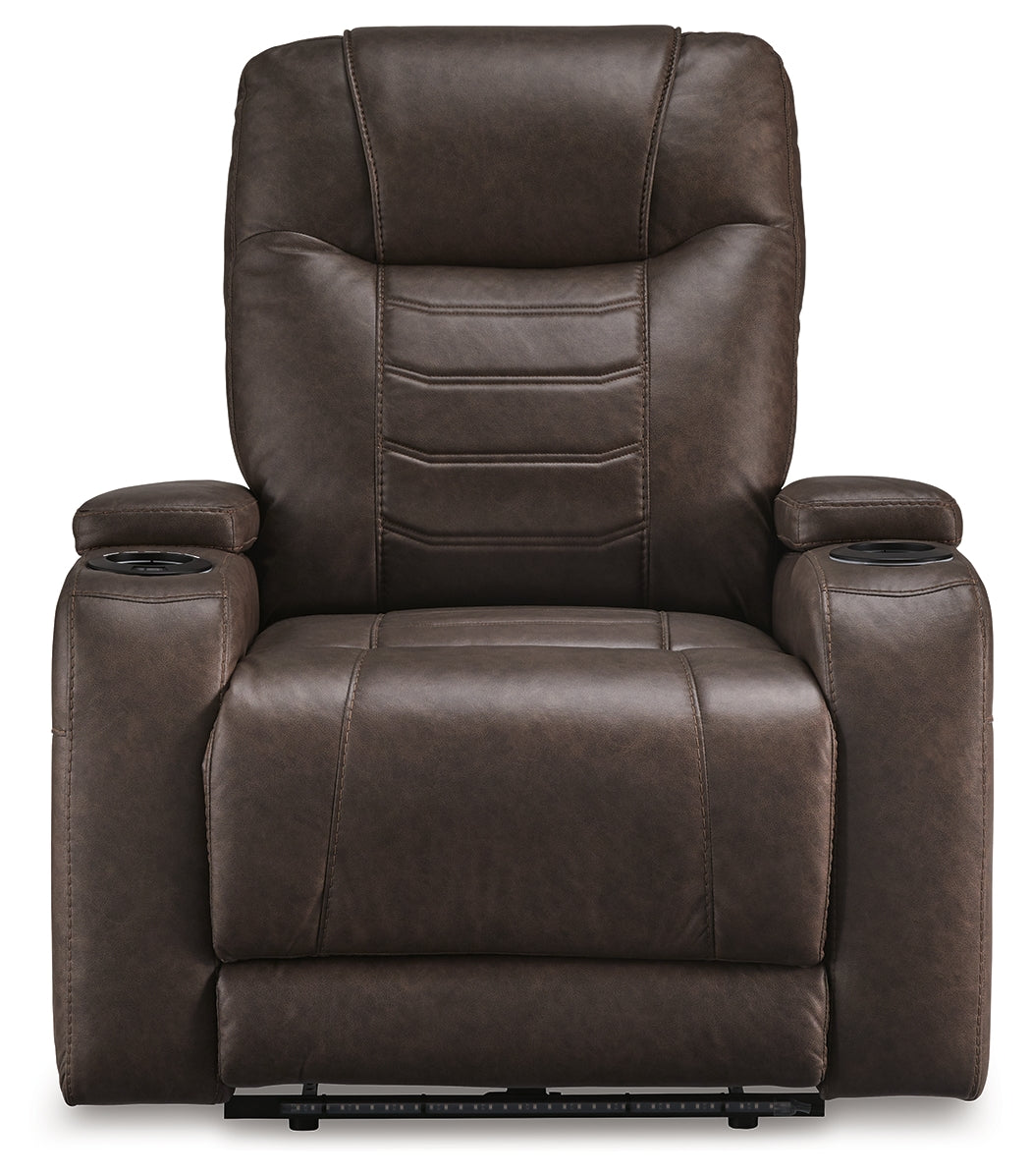 front view of Schooner Rocks Umber Faux Leather Power Recliner