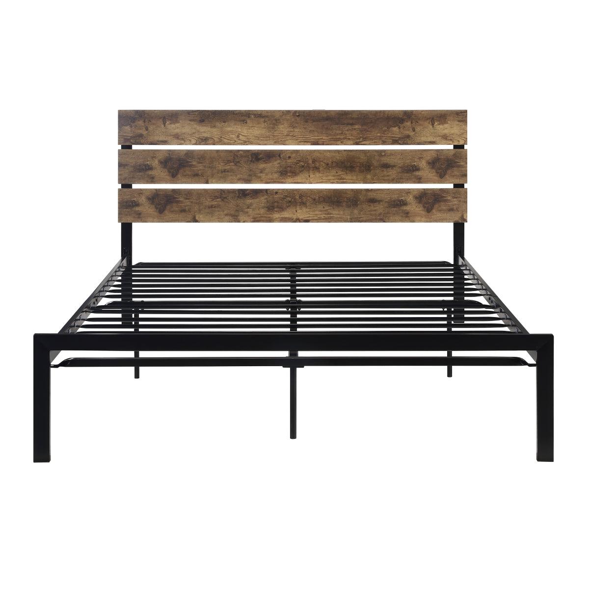 Close-up of black metal frame and faux wood veneered headboard