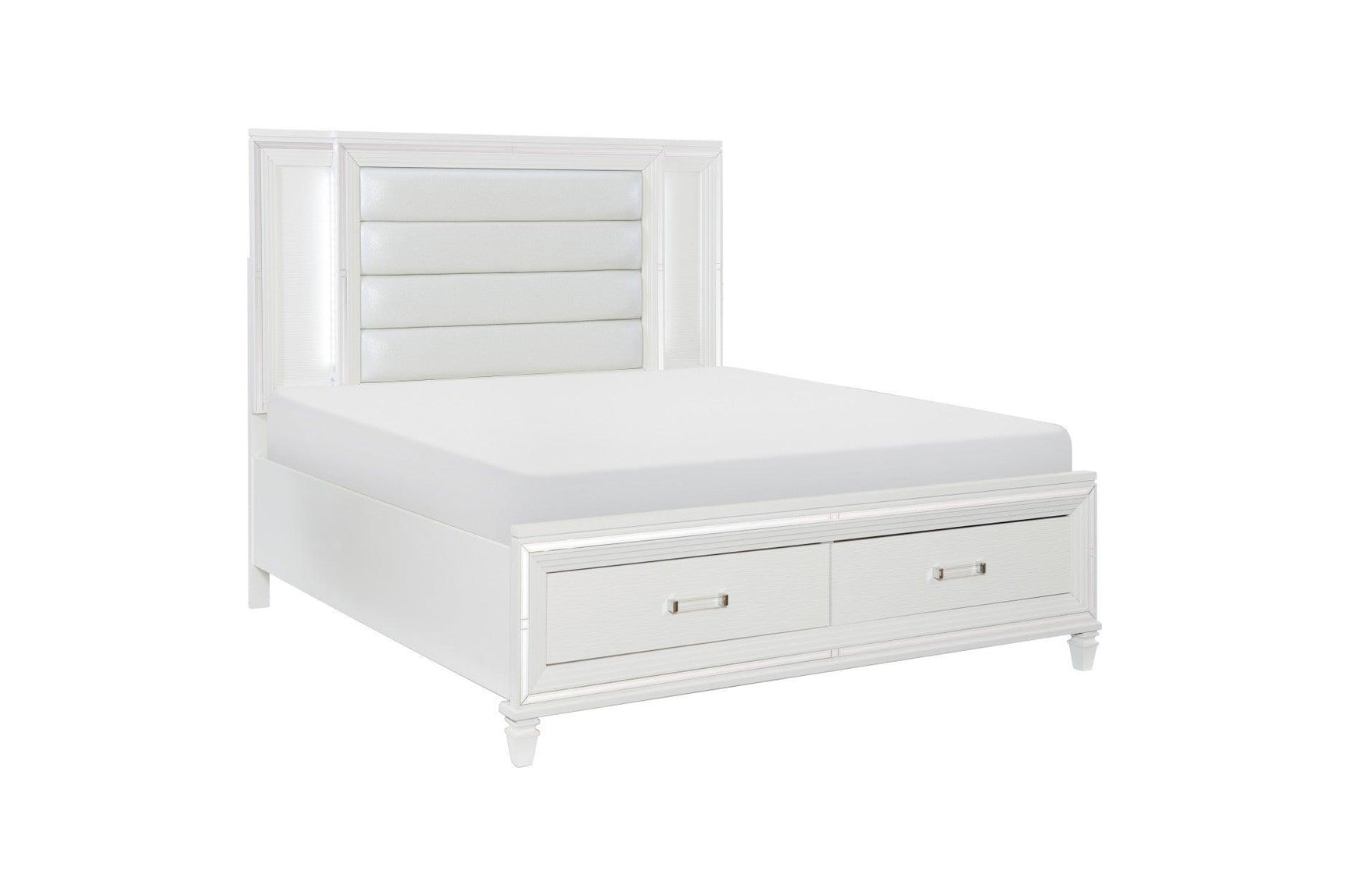 angled view of Tamsin White faux leather LED storage platform bed