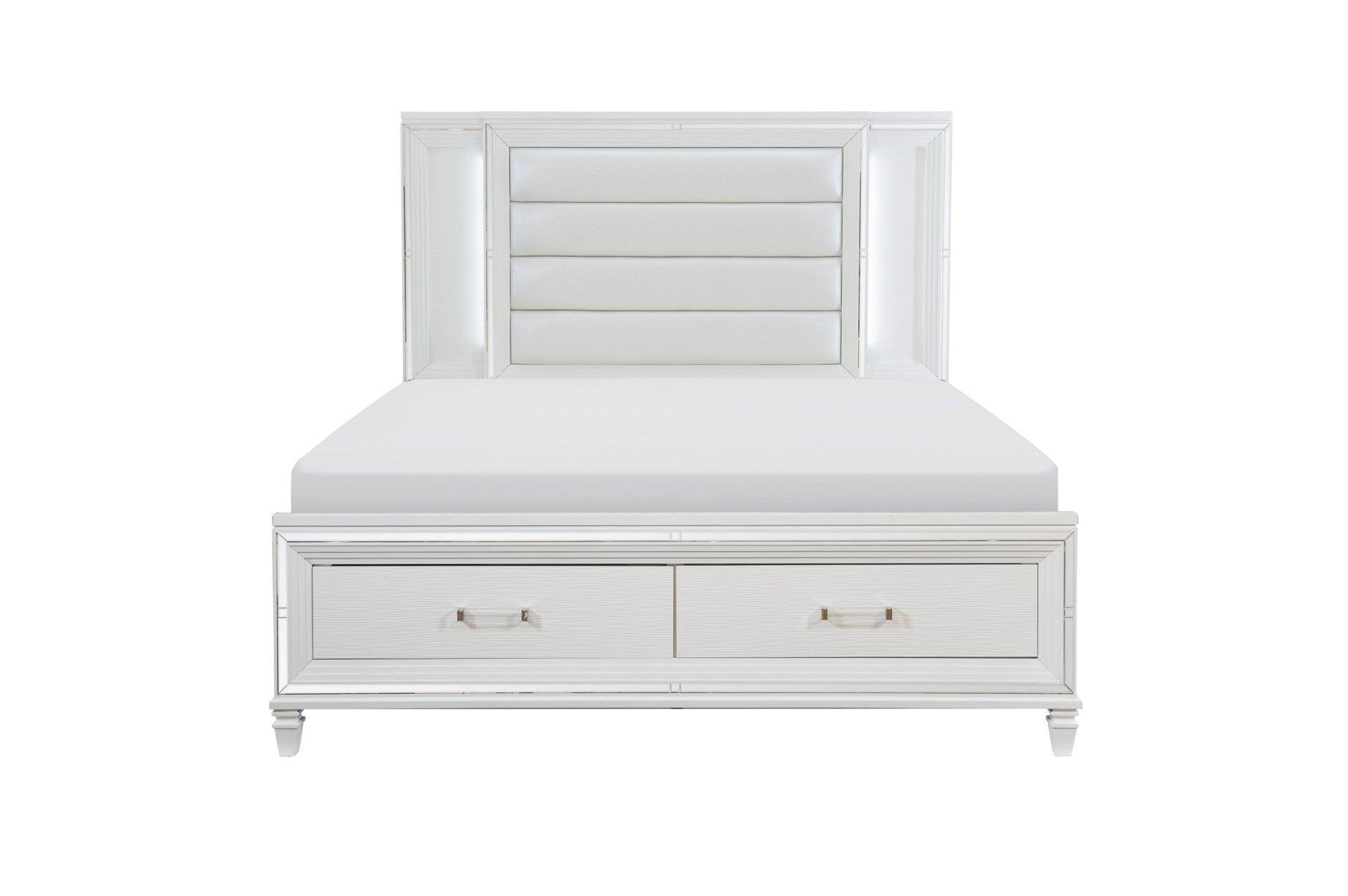 bedroom view of Tamsin White faux leather LED storage platform bed