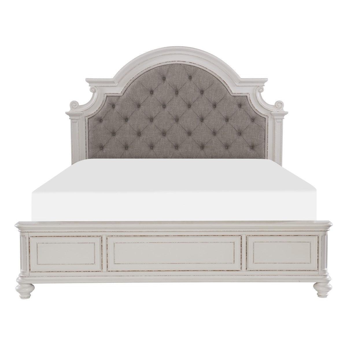 Baylesford Antique White Tufted Gray Fabric Upholstered King Panel Bed, front view
