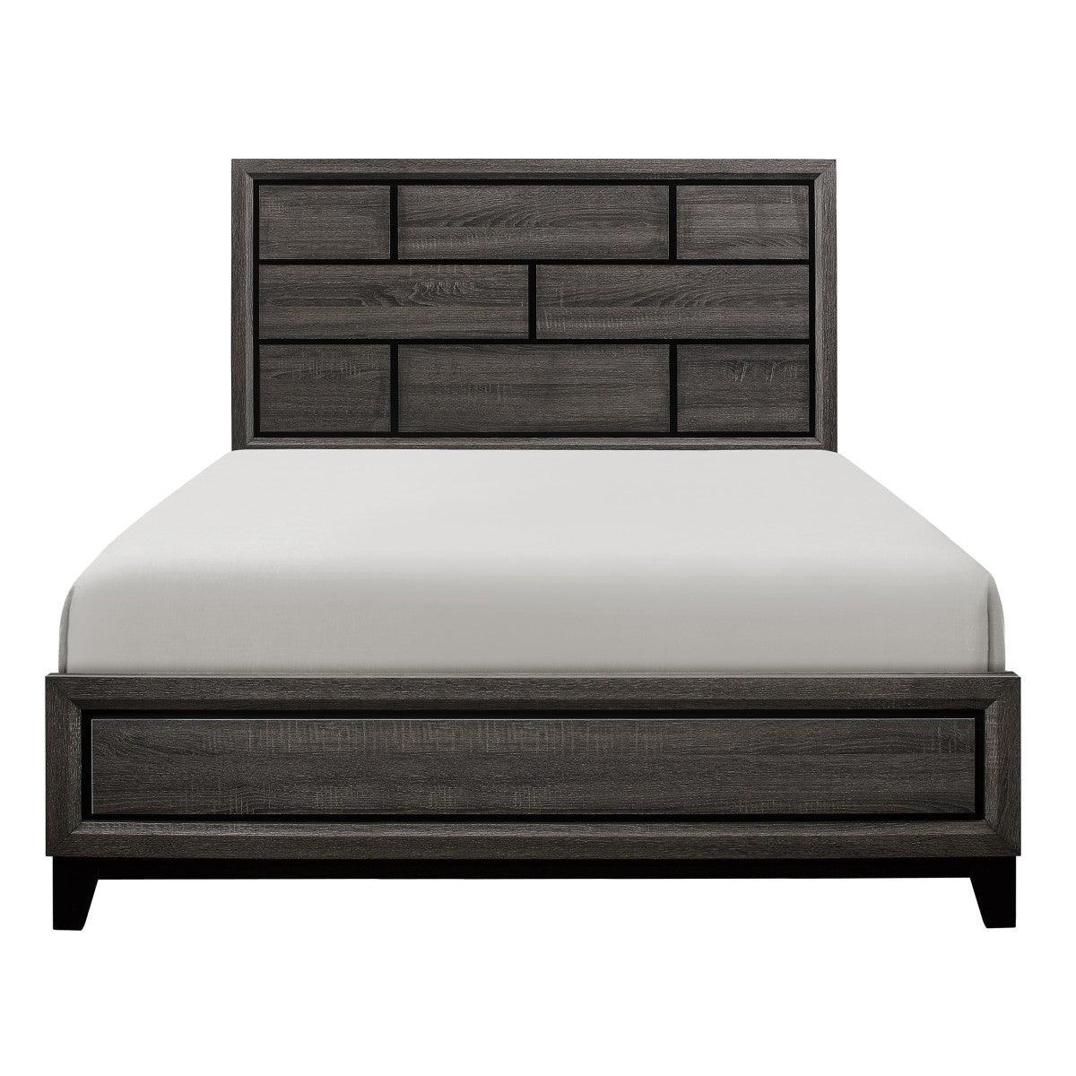 Davi Gray Full Size Bed with gray faux wood veneer and velvet upholstered headboard angled front view