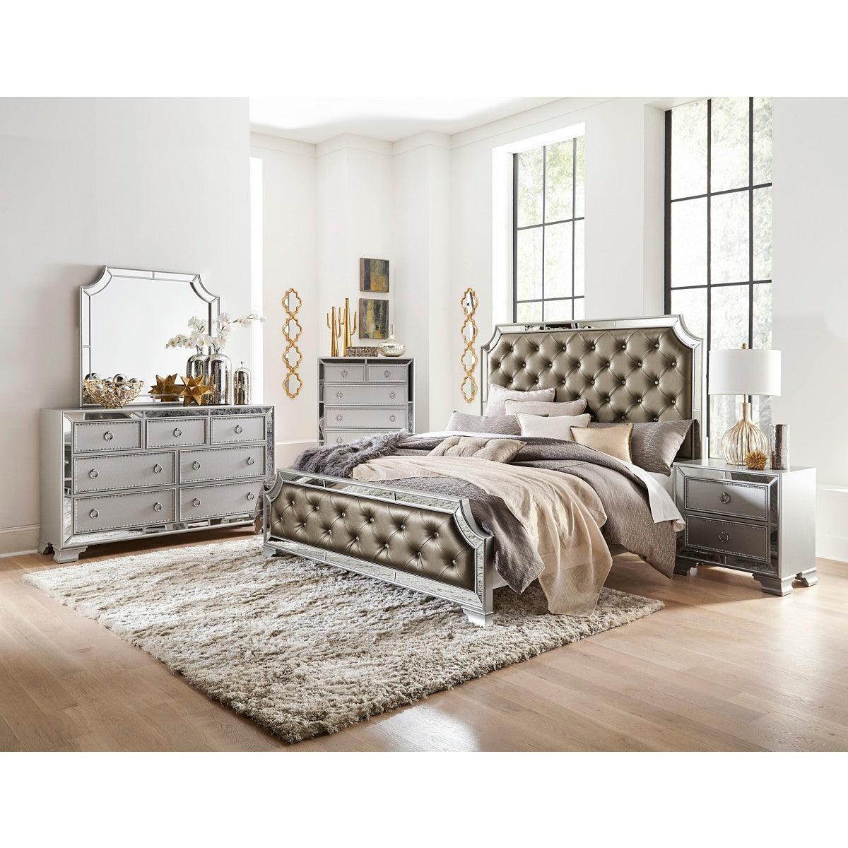 Close-up of tufted faux leather headboard in silver-gray fabric