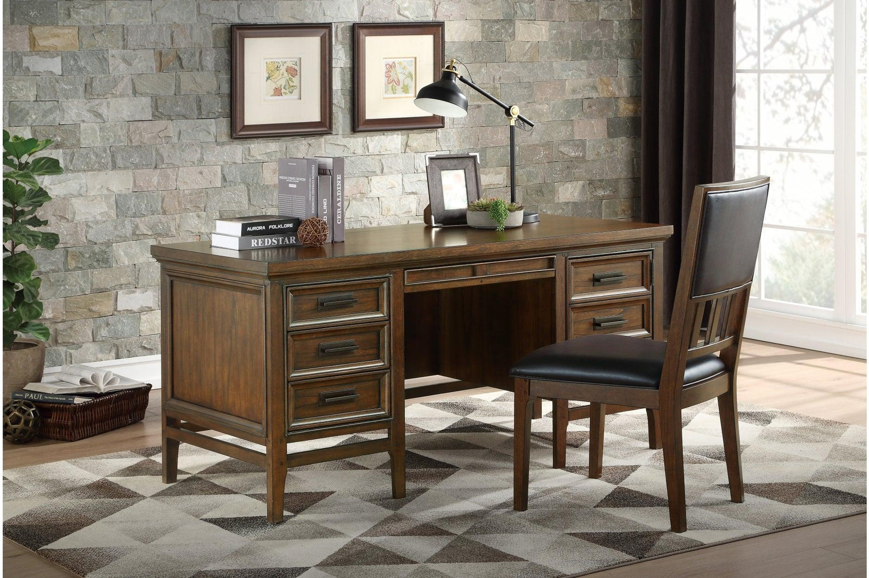 Main angled view of brown cherry upholstered storage platform bed