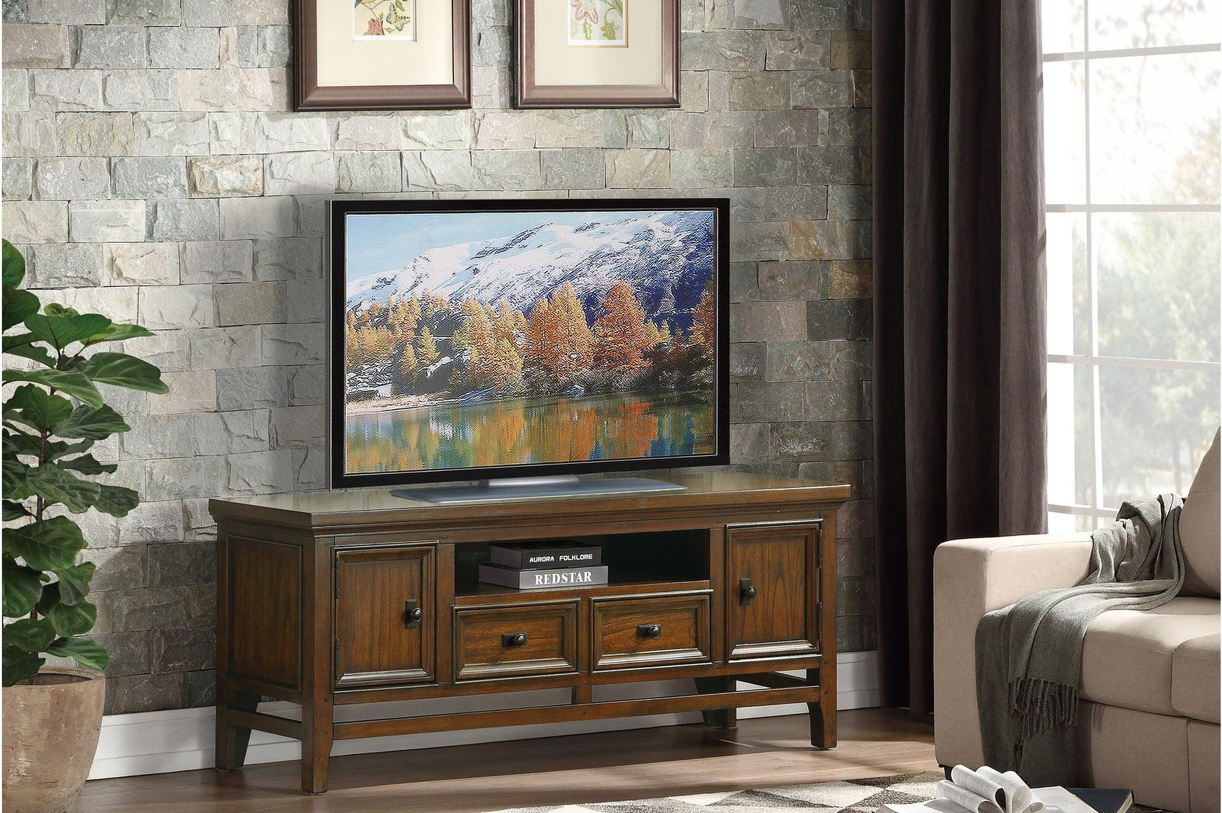 Side angle of Frazier Park brown cherry traditional TV stand
