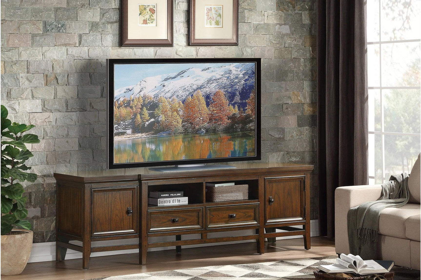 Frazier Park TV Stand side angle showing drawers and shelving