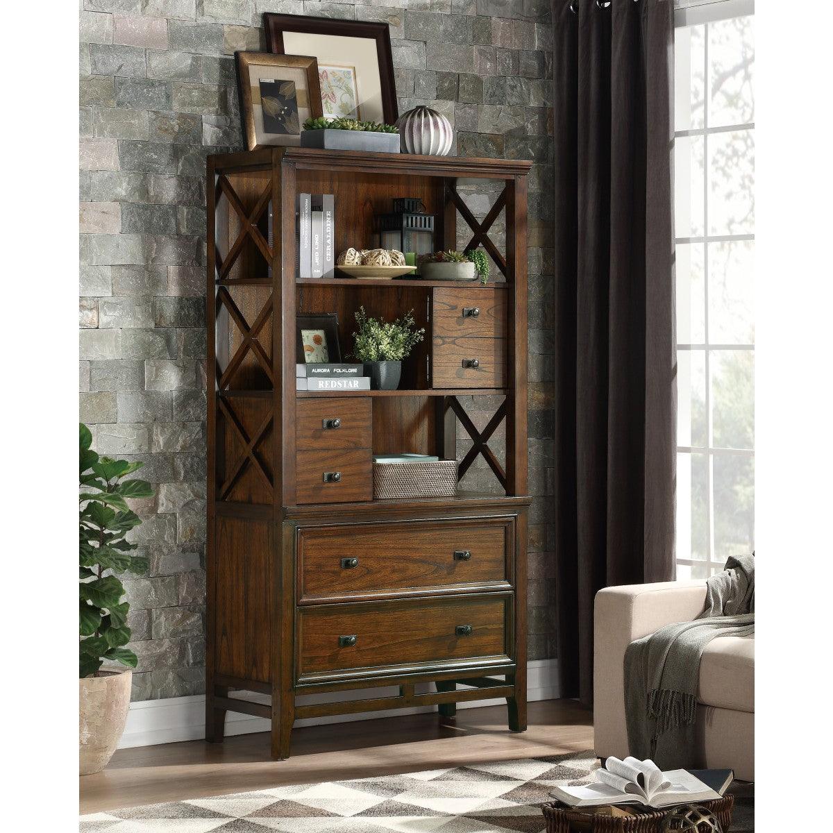 Frazier Park brown cherry finish traditional wood bookcase angled view