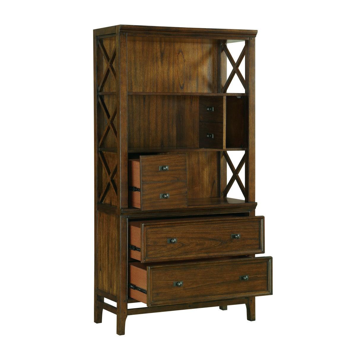 Frazier Park brown cherry finish traditional wood bookcase open cabinet view