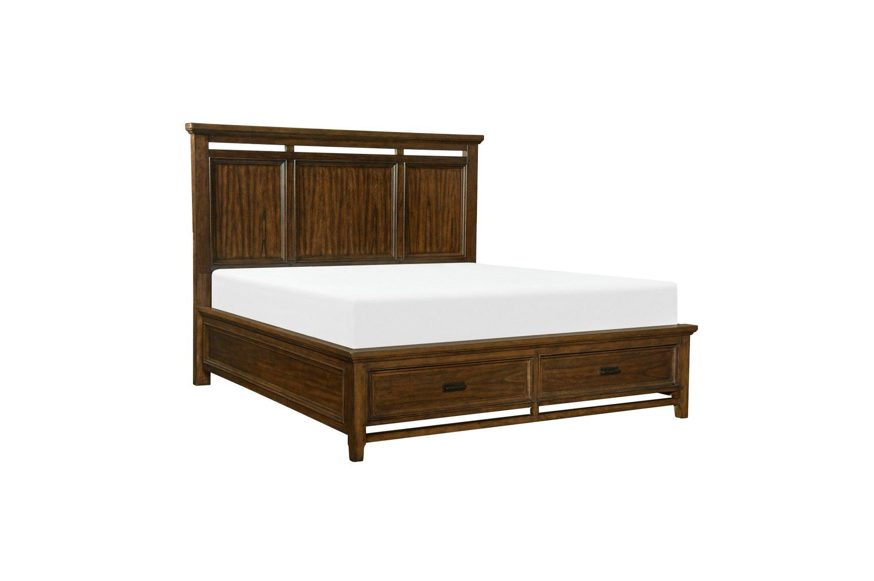 Bedroom arrangement with bed and dresser mirror in brown cherry
