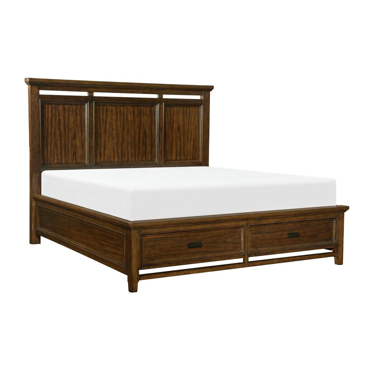 Side angle of Frazier Brown Cherry King Platform Bed showing footboard drawers
