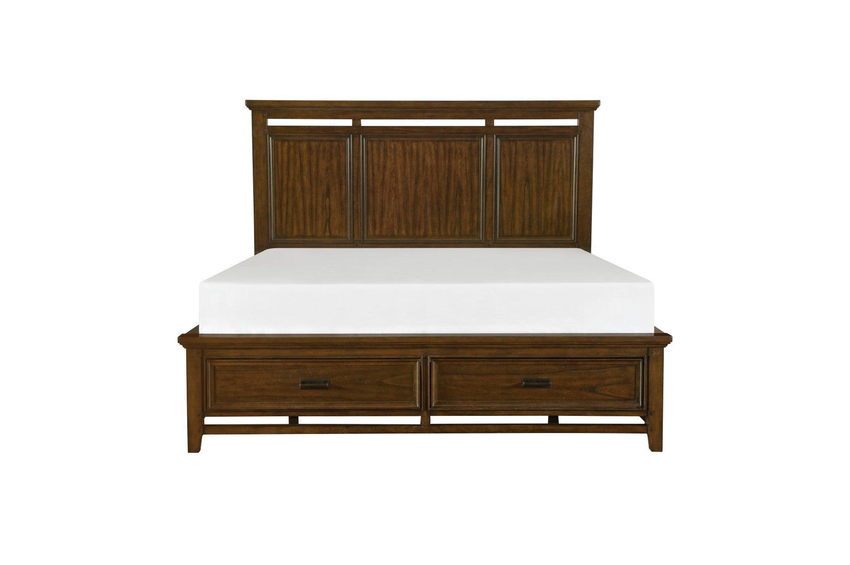 Side angle of brown cherry upholstered platform bed
