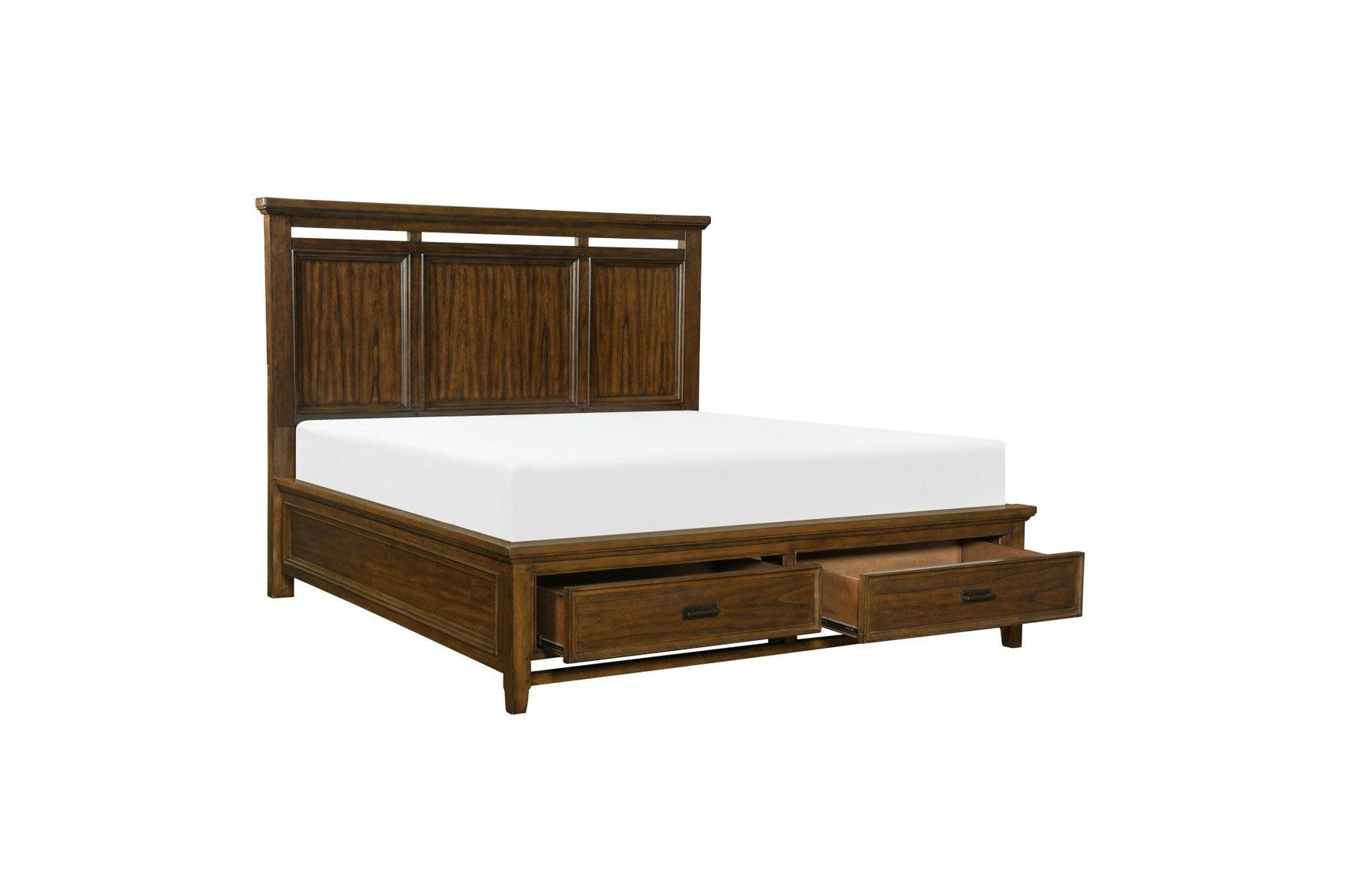 Open storage beneath upholstered platform bed in brown cherry