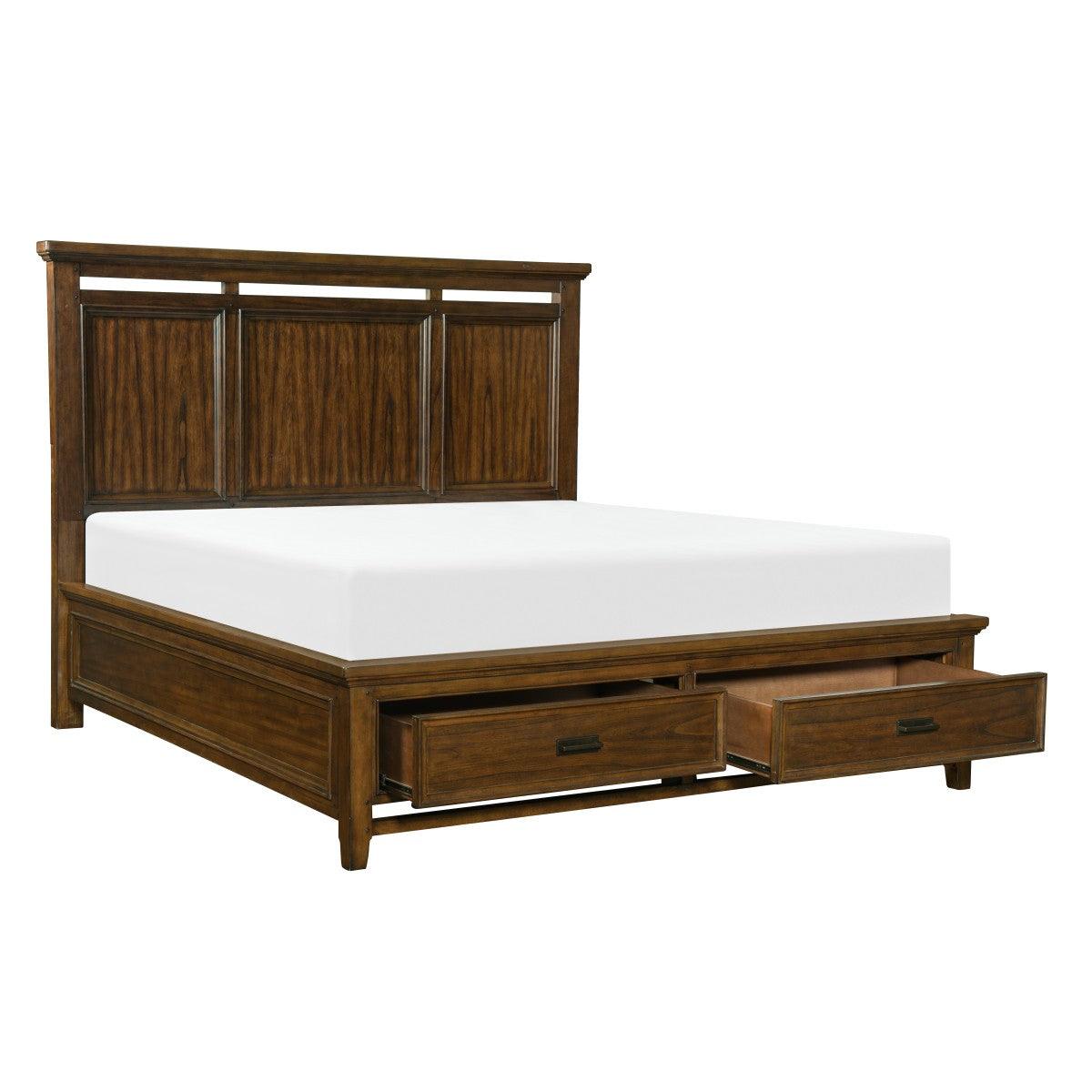 Frazier Park Queen Platform Bed showing open footboard drawers