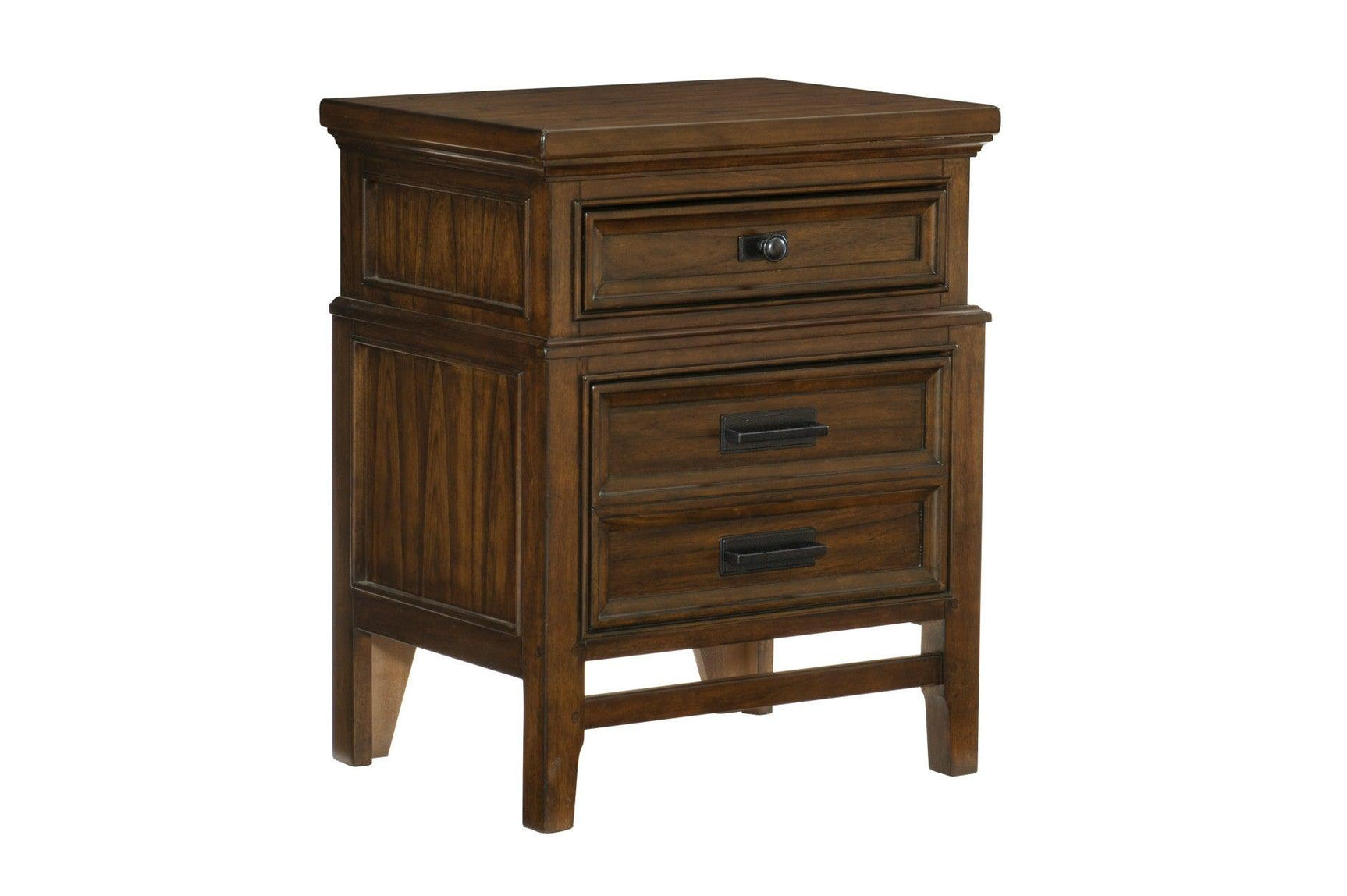 Angle view of brown cherry bedroom set with upholstered platform bed
