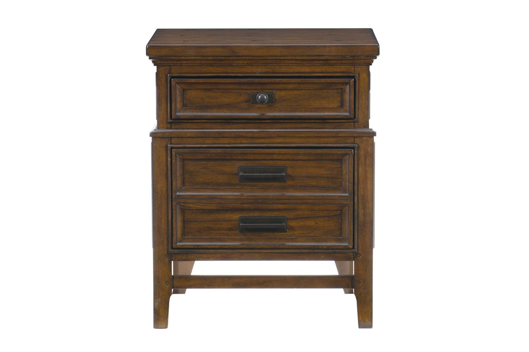 Side elevation view of brown cherry bedroom set bed