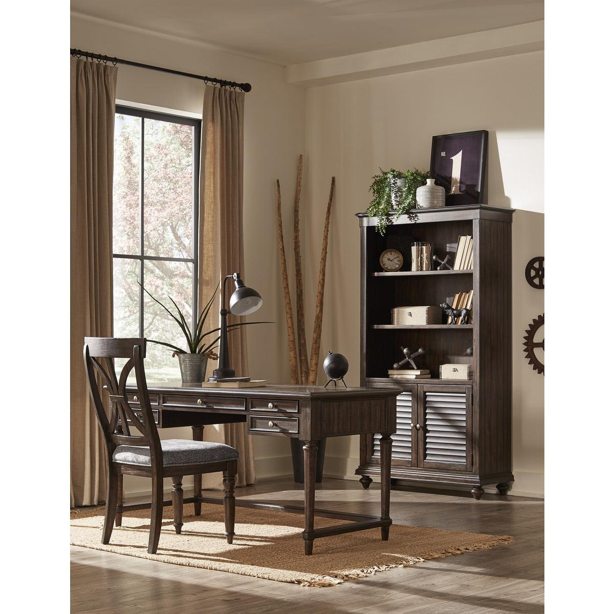 Side profile of Cardano Driftwood Charcoal acacia veneer and engineered wood bookcase