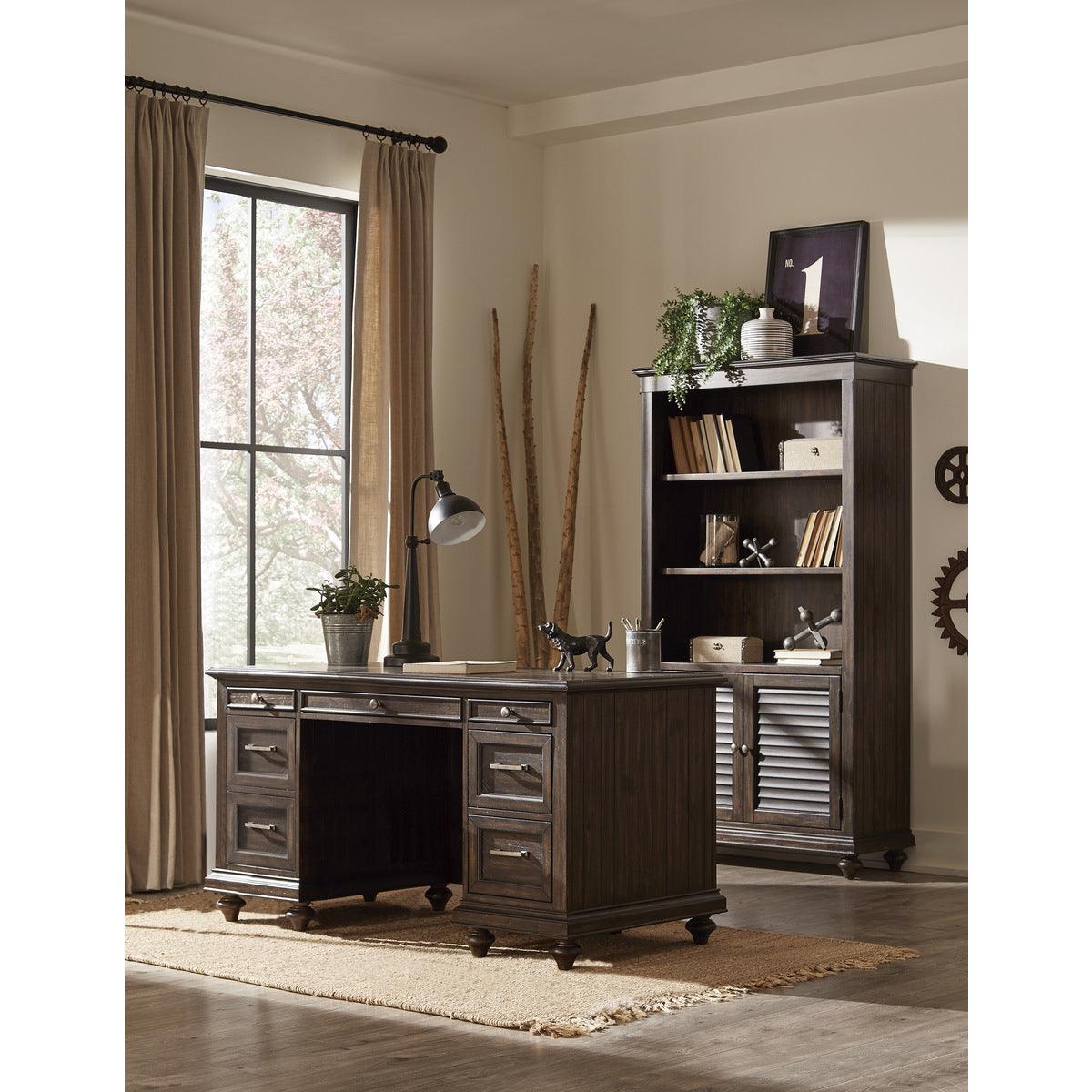 Back view of Cardano Driftwood Charcoal bookcase showing solid wood and veneer construction