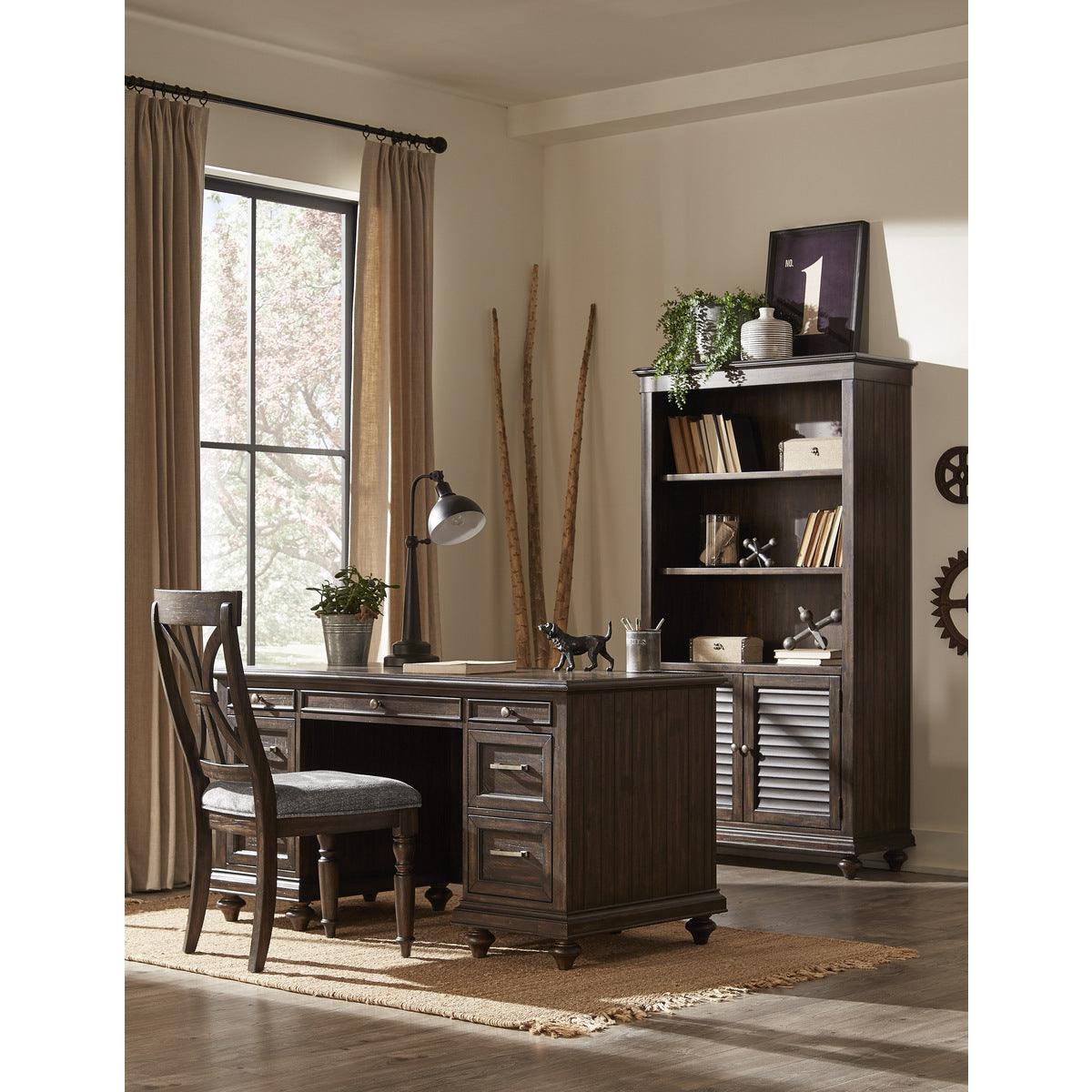 Close-up of pewter tone hardware on Cardano Driftwood Charcoal bookcase cabinet door